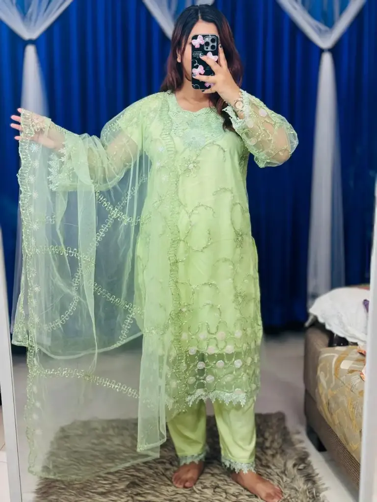 Pakistani Soft Net Sequence Three Piece  Full Ready Made Three Piece. Body: Soft Net Fabrics with Extra Less Panel. Full Body Cot Embroidery and Sequence Work. Orna: Soft Net, Full Orna Cot Embroidery and Sequence. Salowar: VIP Soft Silk with Less Work. Body size free up to 44 and Long 48+ Orna: 2.5 Meter.