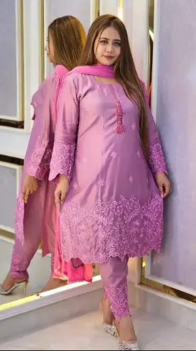 Cotton Embroidery Three Piece  Fabrics: Cotton Design: Full body embroidery Size: Long: 44 Body: 40,42,44