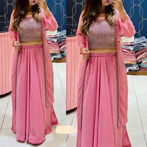Readymade lehenga  Fabric Indian jorjet skirt lehenga body: free long: skirt 40 , tops 18 , koti 42 fabric: Indian stone + waitless jorzet